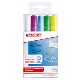 Astuccio marcatore per vetro e90 - punta tonda da 2,00-3,00mm - astuccio 5 colori - edding