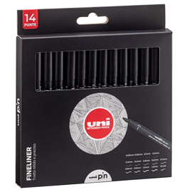 Astuccio pin fineliner - nero - 14 gradazioni - uni mitsubishi - conf. 14 pezzi