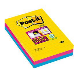 Blocco foglietti post it® super sticky rettangolari - a righe - colori rio - 101 x 152mm - 90 fogli - post it®