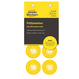 Bollini di ispezione adesivi - vinile - tondi - anno 2018 - ø 30 mm - 8 bollini per foglio - giallo -avery - blister da 10 fogli