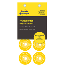 Bollini di ispezione adesivi - non rimovibili - tondi - anno 2018 - ø 30 mm - 8 bollini per foglio - giallo - avery - blister da 10 fogli