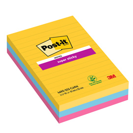 Blocco post it  super sticky - 4690-3ss-carn - 101 x 152 mm - righe - 90 fogli - colori carnival - post it  - conf. 3 pezzi