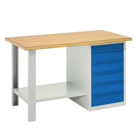Banco da lavoro - 6 cassetti blu - 150 x 75 x 90 cm - grigio/legno - tecnotelai