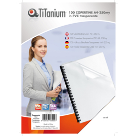 Copertine rilegatura - a4 - 250 micron - pvc - neutro trasparente - titanium - scatola 100 pezzi