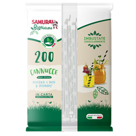 Cannuccia in carta - 24 cm - nero/nero-bainco - imbustata singolarmente - samurai party - conf. 200 pezzi