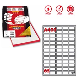 Etichetta adesiva a400 - permanente - 38,1x21,2 mm - 65 etichette per foglio - bianco - markin - scatola 100 fogli a4