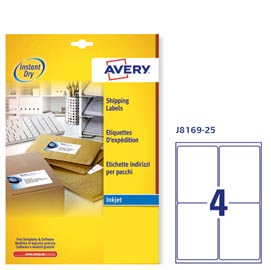 Etichetta adesiva j8169 - permanente - adatta a stampanti inkjet - 99,1x139 mm - 4 etichette per foglio - bianco - avery - conf. 25 fogli a4