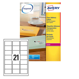 Etichetta adesiva l7560 - poliestere - adatta a stampanti laser - permanente - 63,5x38,1 mm - 21 etichetta per foglio - trasparente - avery - conf. 25 fogli a4