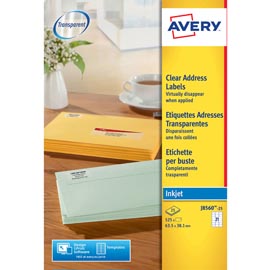 Etichetta adesiva j8560 - poliestere - adatta a stampanti inkjet - 63,5x38,1 mm - 21 etichetta per foglio - trasparente - avery - conf. 25 fogli a4