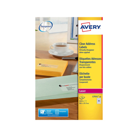 Etichetta in poliestere l7551 - adatta a stampanti laser - permanente - 38,1x21,2 mm - 65 etichette per foglio - trasparente - avery - conf. 25 fogli a4