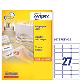 Etichetta adesiva l4737rev - removibili - adatta a stampanti laser - 63,5x29,6 mm - 27 etichette per foglio - bianco - avery - conf. 25 fogli a4
