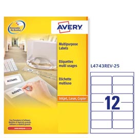 Etichetta adesiva l4743rev - rimovibile - 99,1x42,3 mm - 12 etichette per foglio - bianco - avery - conf. 25 fogli a4