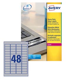 Etichetta in poliestere l6009  - adatta a stampanti laser - permanente - 45,7x21,2 mm - 48 etichette per foglio - argento - avery - conf. 20 fogli a4