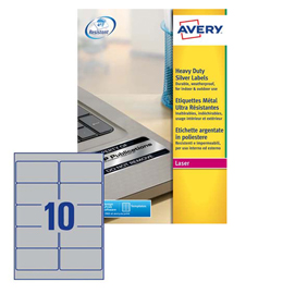 Etichetta in poliestere l6012 - adatta a stampanti laser - permanenti - 96x50,8 mm - 10 etichette per foglio - argento - avery - conf. 20 fogli a4