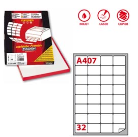Etichetta adesiva a407 - permanente - 47,5x35 mm - 32 etichette per foglio - bianco - markin - scatola 100 fogli a4