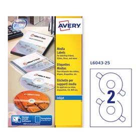 Etichetta adesiva l6043 per cd/dvd - permanente - diametro cd 117 mm - foro 41 mm - 2 etichette per foglio - bianco - avery - conf. 25 fogli a4