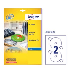 Etichetta adesiva j8676  per cd/dvd - permanente - adatta a stampanti inkjet - ø 117 mm - 2 etichette per foglio - bianco opaco - avery - conf. 25 fogli a4