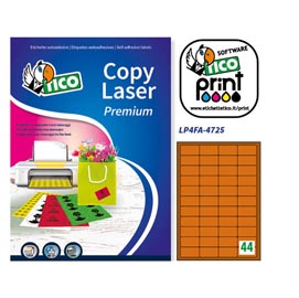 Etichetta adesiva lp4f - permanente - 47,5x25,5 mm - 44 etichette per foglio - arancio fluo - tico - conf. 70 fogli a4