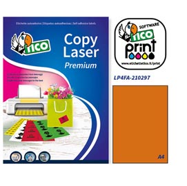 Etichetta adesiva lp4f - permanente - 210x297 mm - 1 etichetta per foglio - arancio fluo - tico - conf. 70 fogli a4