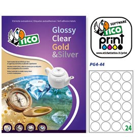 Etichetta adesiva pg4 - permanente - tonda ø 44 mm - 24 etichette per foglio - bianco lucido - tico - conf. 100 fogli a4