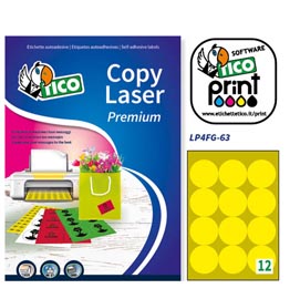 Etichetta adesiva lp4f - permanente - tonda ø 63,5 mm - 12 etichette per foglio - giallo fluo - tico - conf. 70 fogli a4