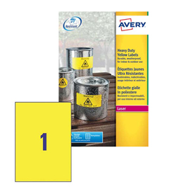 Etichetta in poliestere l6111 - adatta a stampanti laser - permanente - 210x297 mm - 1 etichette per foglio - giallo fluo - avery - conf. 20 fogli a4
