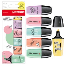 Evidenziatori boss mini pastellove  - punta a scalpello - tratto da 2,0-5,0mm - astuccio 6 colori pastello: carta da zucchero, verde menta, rosa pesca,rosa antico,giallo banana,glicine - stabilo