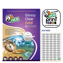 Etichetta adesiva sl4 - ovale - permanente - 36x20 mm - 60 etichette per foglio - satinata argento - tico - conf. 100 fogli a4