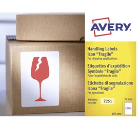 Etichetta adesiva con icona fragile - permanente - 74x100 mm - rosso - avery - rotolo da 200 etichette