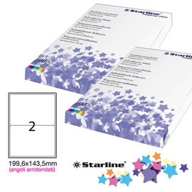 Etichetta adesiva - permanente - 199,6x143,5 mm - angoli tondi - 2 etichette per foglio - bianco - starline - conf. 100 fogli a4