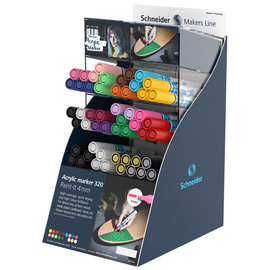 Marcatore acrilico paint-it 320 - punta 4 mm - colori assortiti - schneider - expo 52 pezzi