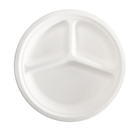 Piatto a 3 scomparti monouso - diametro 26 cm - canna da zucchero - bianco - signor bio - conf. 50 pezzi