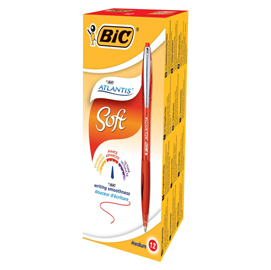 Penne a sfera a scatto atlantis soft - punta 1,0mm - rosso  - clip in metallo - bic - conf. 12 pezzi