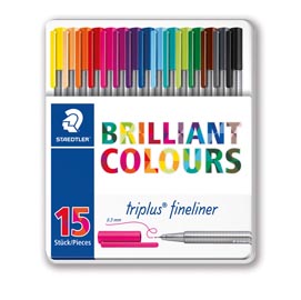 Penna fineliner triplus - tratto 0,3mm - assortiti - staedtler - astuccio in metallo da 15 colori