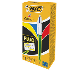 Penna a sfera a scatto multifunzione 4 colors fluo  - punta 1,0/1,6mm - 4 colori fluo - fusto giallo fluorescente - bic - conf. 12 pezzi