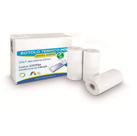Rotolo per pos e carte di credito - carta termica bpa free - 57 mm x 7 mt - 55 g/m2 - diametro esterno 25 mm - senza anima - rotolificio pugliese - blister 3 pezzi