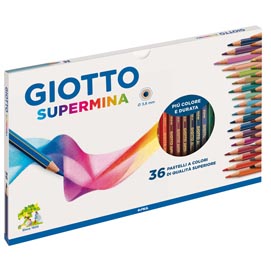 Supermina pastelli colorati - esagonali Ø 7,6mm lunghezza 18cm e mina Ø 3,8mm - colori assortiti - giotto - astuccio 36 colori