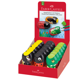 Temperamatite animals con contenitore - 2 fori - con serbatoio e gomma assortiti - faber castell